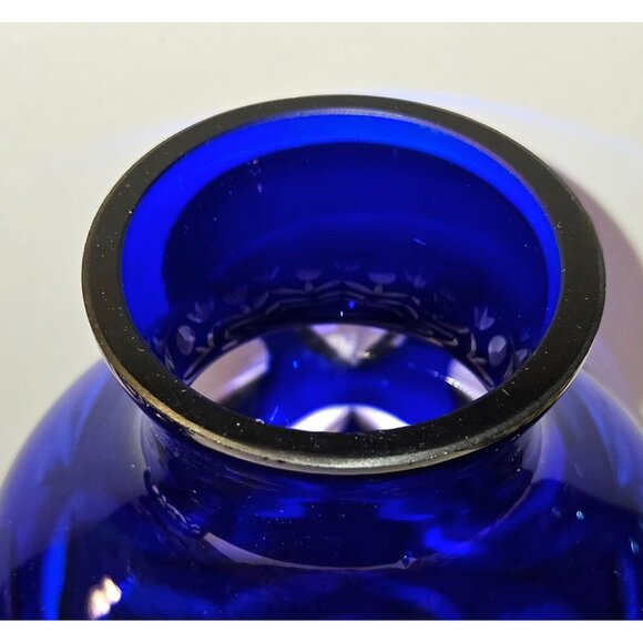 Bohemian Cobalt Blue Cut Glass Bedside Water Vase & Tumbler Set With Floral Etch - Picture 5 of 7